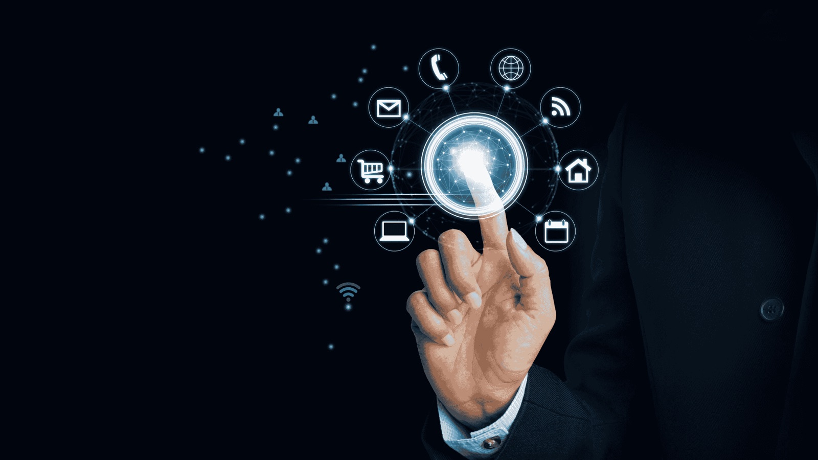 Hand pointing at a digital interface with icons representing various digital marketing channels